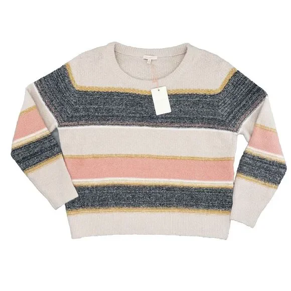 New! Skies Are Blue Marbled Colorblock Sweater Womens Medium Oatmeal Pink NWT - Picture 1 of 6